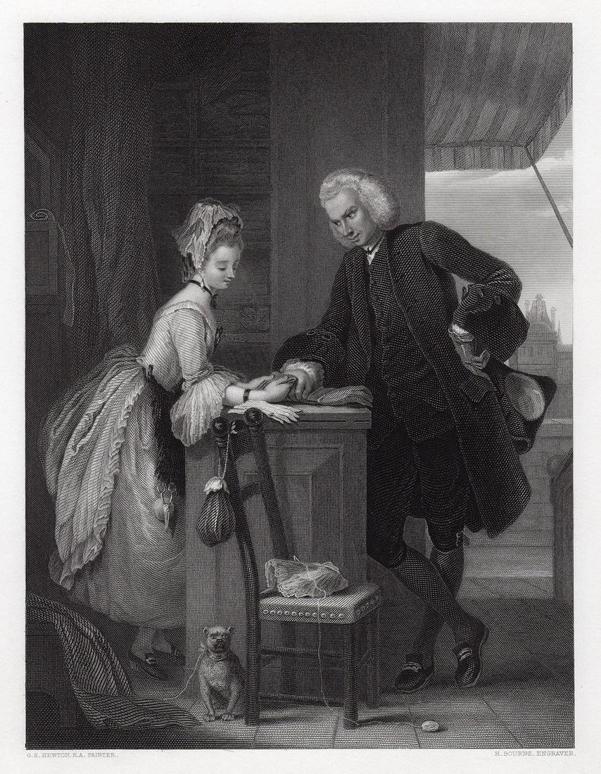 Gilbert Stuart Newton 1852 engraving Yorick and the Grisette signed: Gilbert Stuart Newton. (British, 1795 - 1835). Yorick and the Grisette. Antique engraving on wove paper after the original oil paint on canvas by master engraver Herbert Bourne (British, 1820 - 1907).