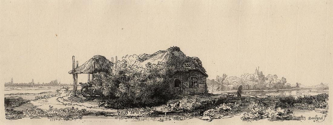 1876 REMBRANDT B225 Landscape with a Cottage and a Haybarn DURAND Goring Unique: After Rembrandt Harmenszoon Van Rijn (1606-1669). Title: Landscape with a Cottage and a Haybarn (From Hermann Goring's private collection at Bergfhof). Antique hand pulled copper plate etching on laid