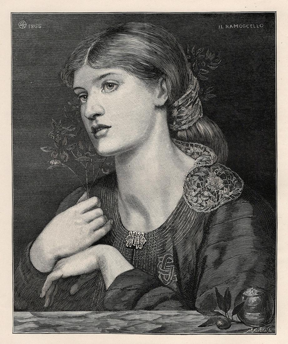DANTE ROSSETTI 1800s Antique Print "Young Girl with Flowers" Signed Framed (1 of 2)