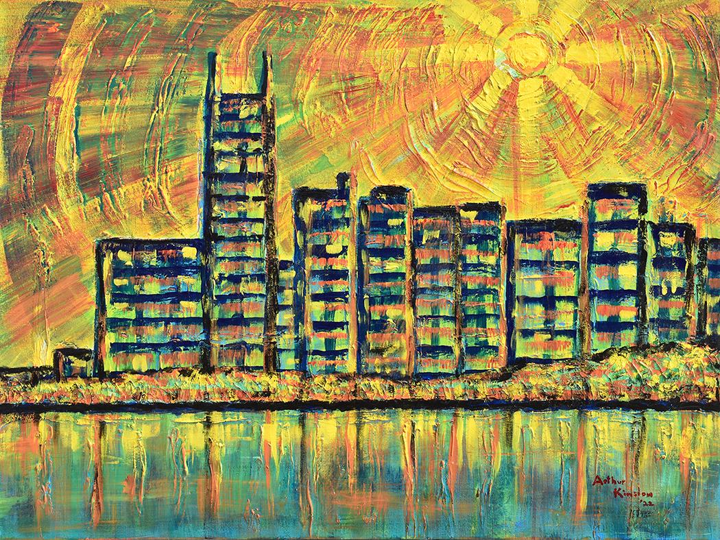 Arthur Kinslow Original Abstract Painting Heat Wave 36 x 48: Arthur Kinslow ( American, 1955 - ) Heat Wave . Original Acrylic on Canvas.Signed by the artist lower right. Canvas Size 36 x 48 inches. Arthur Kinslow has been involved in art his entire life and bel