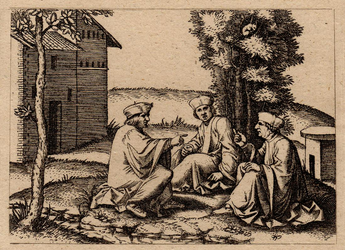 1876 Marcantonio Raimondi The Three Doctors Engraving DURAND Goring Unique: Marcantonio Raimondi (Italian, c. 1480-1527) or His School, (Raimondi was the premier engraver of Raphael's drawings). The Three Doctors in Conversation Sitting under a Tree(From Hermann Goring's priv