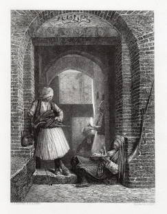 1879 Gerome Guard House in Cairo engraving signed: Jean-Leon Gerome (French, 1824 - 1904). A Guard House in Cairo (Corps de garde d'Arnaoutes au Caire). Antique steel engraving on wove paper after the original oil on canvas by master engraver Paul-Ado