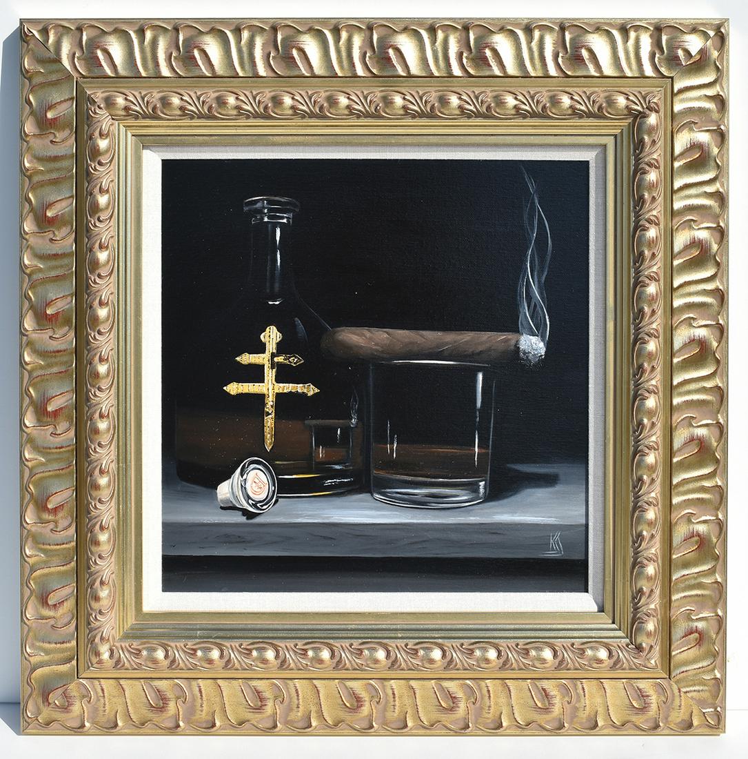 Karen Johnson Cigars and Whiskey Oil Painting 14 x 14 inches: Karen Johnson. Happy Hour. Original oil painting on Canvas. Painting Size 14 x 14 inches. Karen Johnson's masterful brushstrokes combine to create mouth watering masterpieces that would be the pinnacl