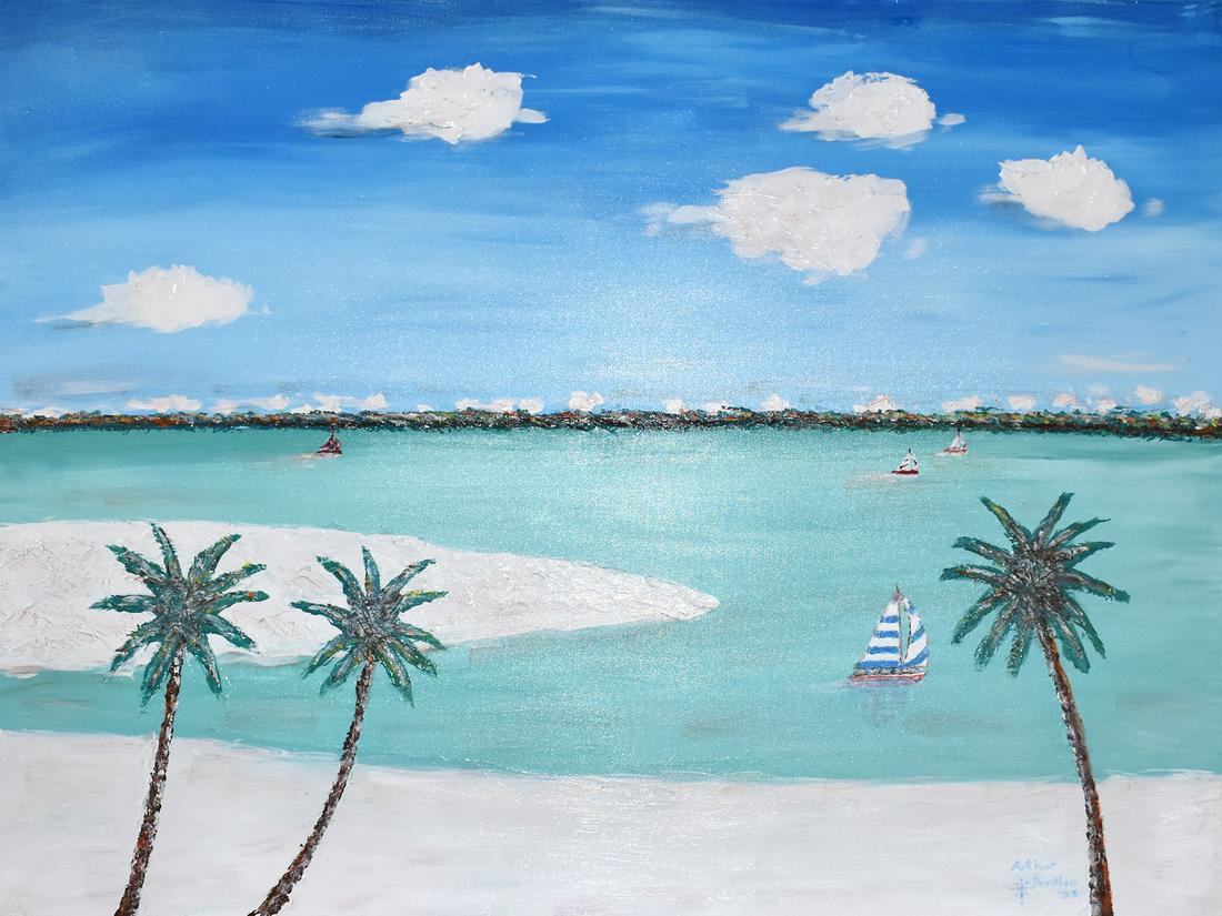 Arthur Kinslow Original Painting Tropical I 36 x 48 inches: Arthur Kinslow ( American, 1955 - ) Tropical I. Original Acrylic on Canvas.Signed by the artist lower right. Canvas Size 36 x 48 inches. Arthur Kinslow has been involved in art his entire life and bel