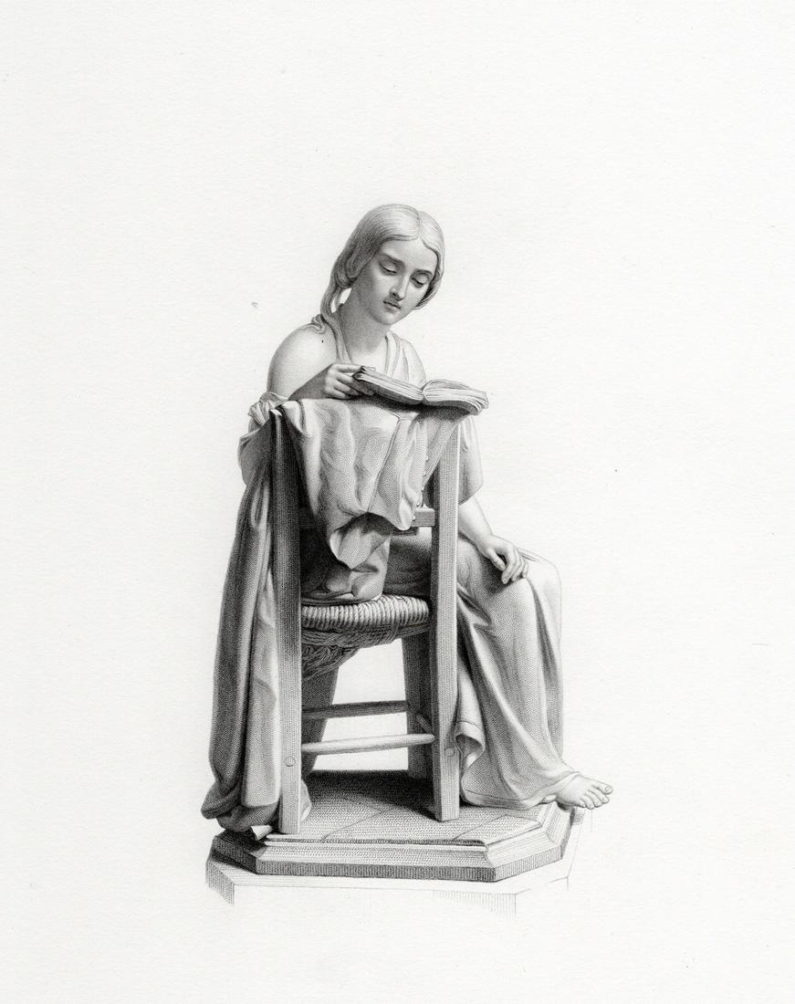 Pietro Magni Engraving 1800s "Young Girl Reading" Framed: Pietro Magni (Italian 1817 - 1877). The Reading Girl. Antique engraving on wove paper after the original statue by master engraver William Callio Roffe (British, 1817-1894 or after). Year: 1864. Image
