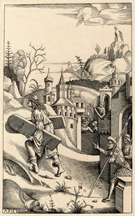 1876 Mair von Landshut Samsom with the Gates of Gaza Signed Durand Goring Unique: Mair von landshut (1485 - 1510 active). "Samson with the Gates of Gaza ," (From Hermann Goring's private collection at Bergfhof). Antique Copper plate engraving with Drypoint on laid paper executed by
