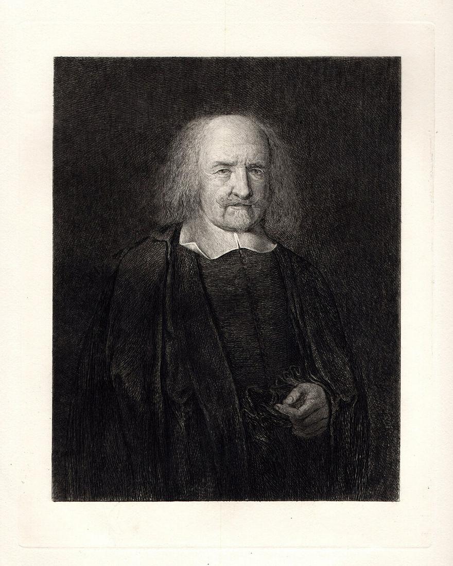 John Masey Wright Thomas Hobbes 1884 etching: John Masey Wright. Thomas Hobbes. Antique Hand Pulled copper plate etching on wove paper after the original by master etcher Charles Charles Oliver Murray (Scottish, 1842-1923). 1884. Excellent. Image