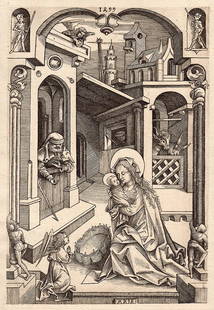 1876 Mair von Landshut The Nativity Signed Durand Goring Unique: Mair von landshut (1485 - 1510 active). "The Nativity ," (From Hermann Goring's private collection at Bergfhof). Antique Copper plate engraving with Drypoint on laid paper executed by master engraver