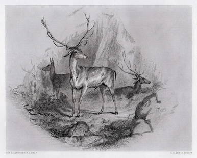 Sir Edwin Henry Landseer 1876 engraving In the Glen signed: Sir Edwin Henry Landseer. (English, 1802-1873). In the Glen. Antique Steel Engraving on wove paper after the original sketch by Master Engraver Charles George Lewis (1808-1880). 1876. Signed in the pl