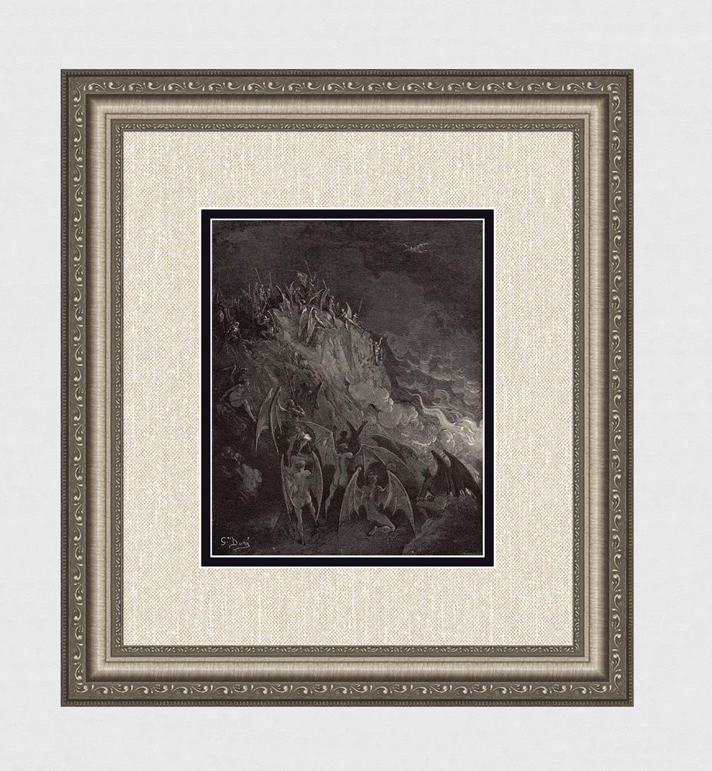 Gustave Dore Satan arrives at Pandemonium (Milton's Paradise Lost) c. 1880 Woodcut Signed: Gustave Dore (Paul Gustave Louis Christophe Dore) (French, 1832-1883). Satan arrives at Pandemonium (Milton's Paradise Lost). Antique woodcut wove paper after the original by master wood engraver Laur