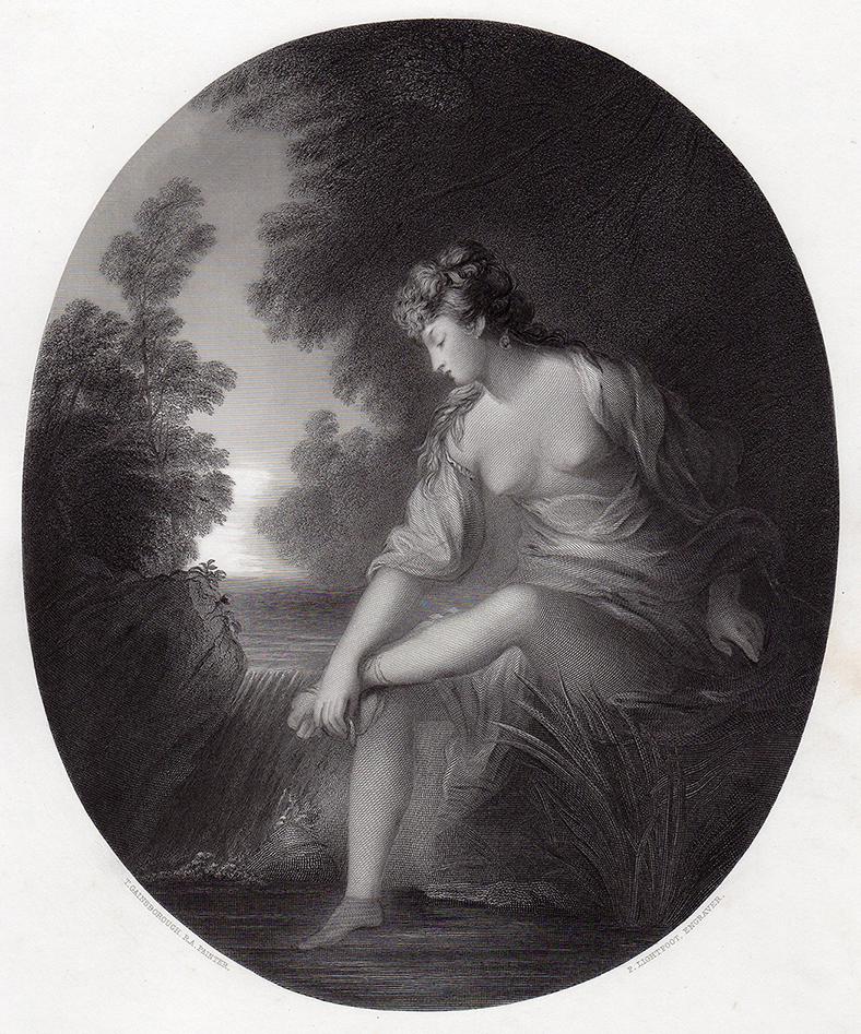 Sir Thomas Gainsborough 1853 Engraving Musidora signed: Sir Thomas Gainsborough. (English, (baptised 1727 - 1788). Musidora. Antique steel engraving on wove paper after the original oil on canvas by Master Engraver Peter Lightfoot (British, 1805 - 1885). 1