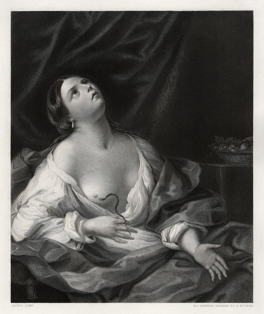 GUIDO RENI 1800s Antique Engraving Cleopatra & the Asp FRAMED: Guido Reni (Italian, 1575-1642). Death of Cleopatra. Antique engraving on wove paper after the original oil on canvas by master engravers Henry Chawner Shenton (British, 1803-1866) and Herbert Bourne 
