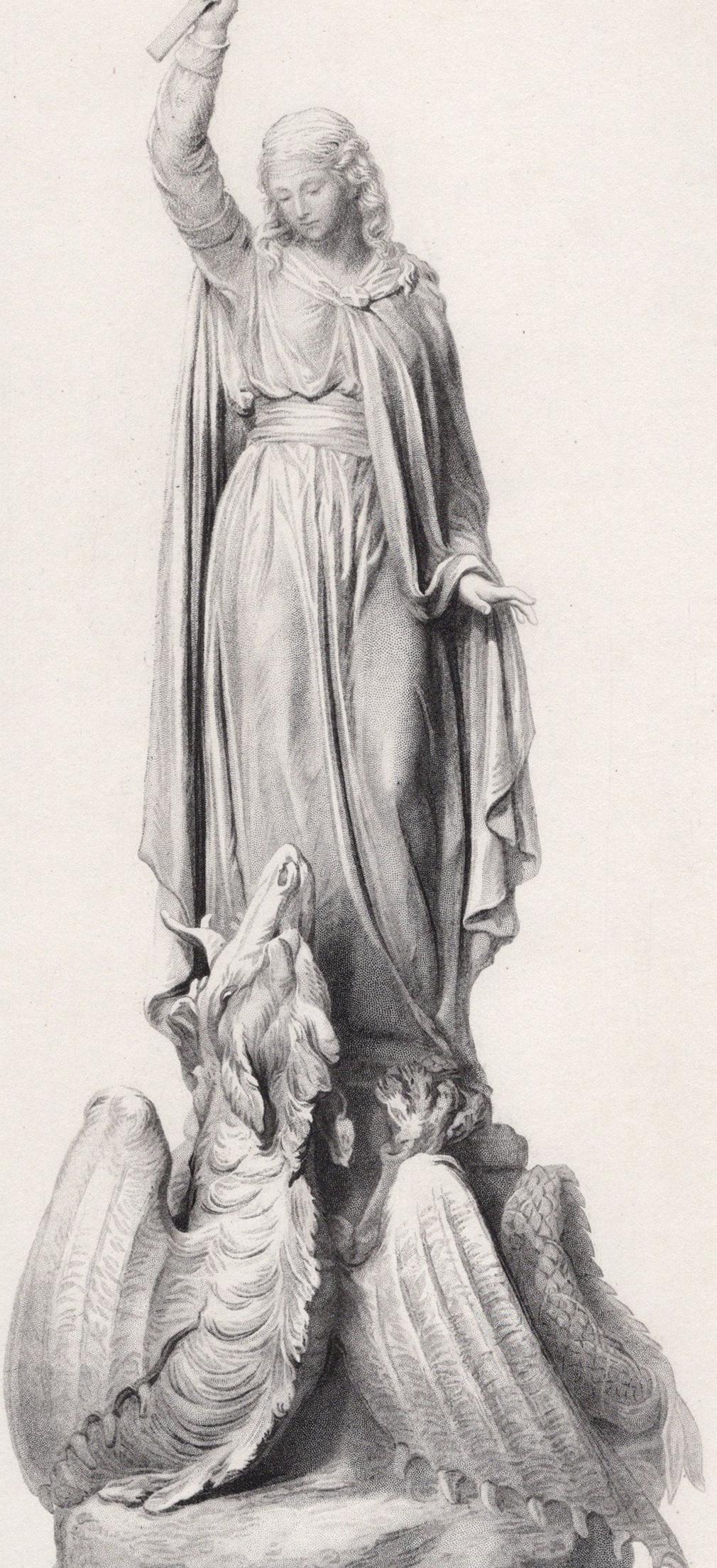 1800s MARY GRANT Engraving St Margarite beats the Devil Dragon Framed: Miss Mary Grant (British, 1831â€“1908). St Margarite and the Dragon. Antique engraving on wove paper after the original by master engraver George J Stodart (British, 1884-1890 c.fl.). Year: 1881.