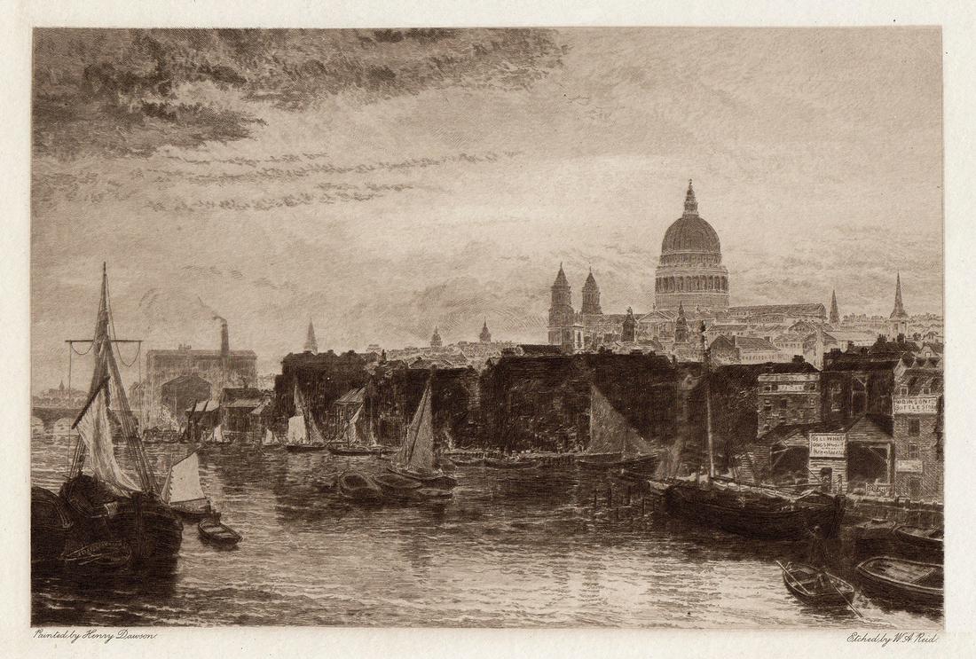 HENRY DAWSON Etching "View of St Paul's from the River" Framed Signed (1 of 3)