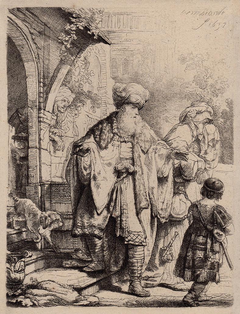 1876 REMBRANDT B30 Abraham Casting out Hagar and Ishmael DURAND Goring Unique: After Rembrandt Harmenszoon Van Rijn (1606-1669). Title: Abraham Casting out Hagar and Ishmael (From Hermann Goring's private collection at Bergfhof). Antique hand pulled copper plate etching on laid 