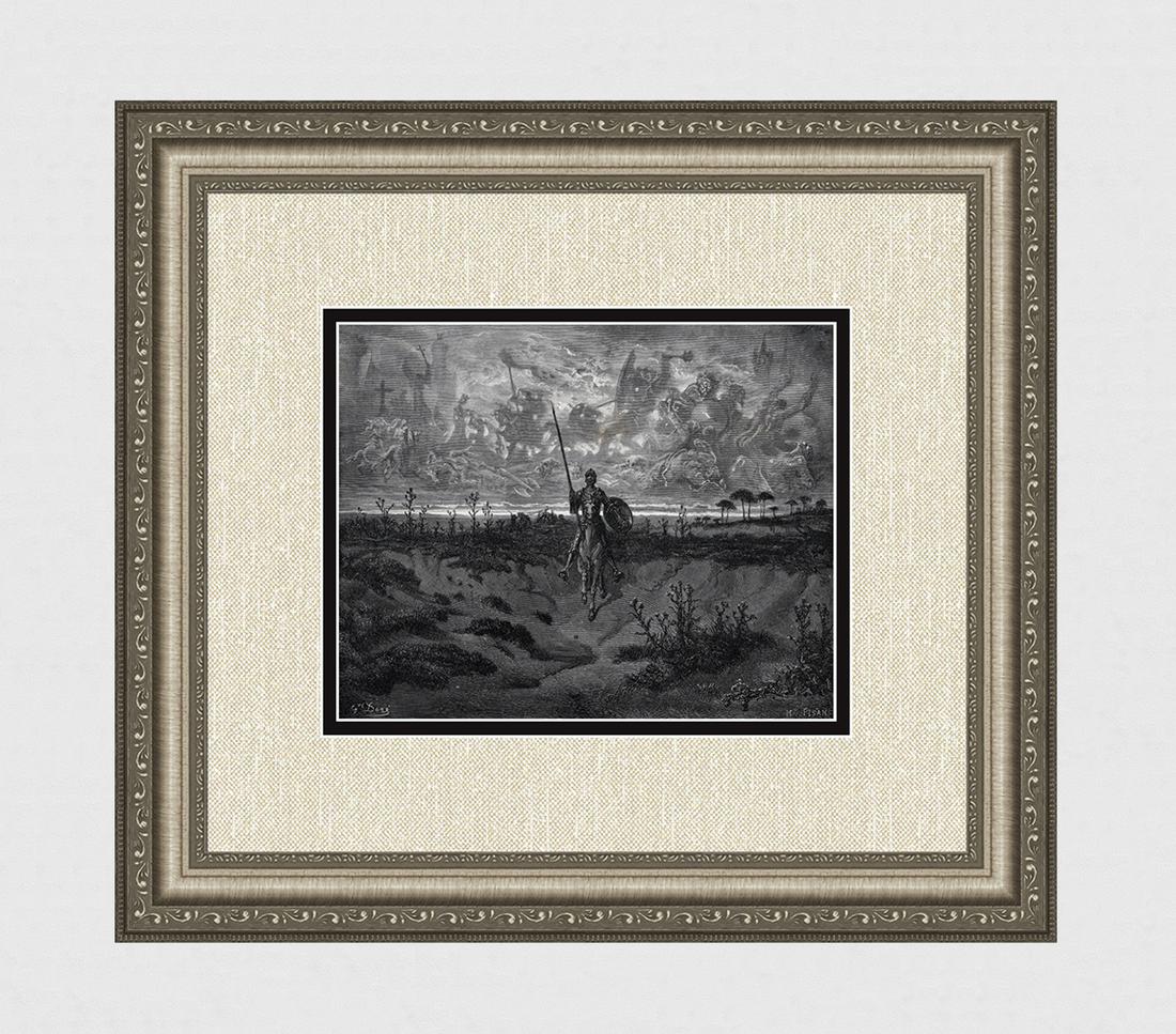 1800's GUSTVE DORE Woodcut Don Quixote SIGNED FRAMED: Gustave Dore (Paul Gustave Louis Christophe Dore) (French, 1832-1883). Don Quixote setting out on his Adventures (from Don Quixote by Miguel De Cervantes). Antique woodcut on wove paper after the orig