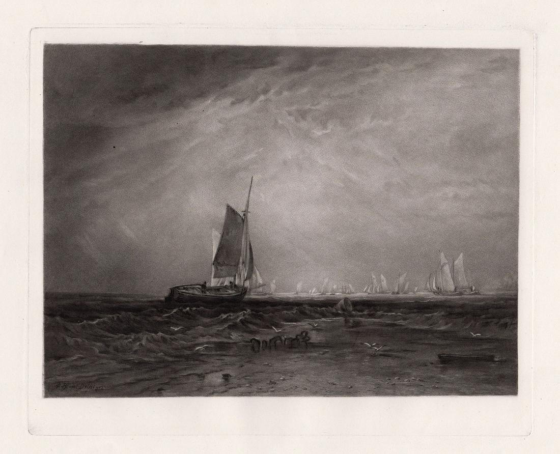 Joseph Mallord William Turner Blythe Sand 1885 engraving: Joseph Mallord William Turner. (English, 1775-1851). Blythe Sand. Antique mezzotint engraving on wove paper after the original oil on canvas by master engraver Alfred Brunet-Debaines (French, 1845-193