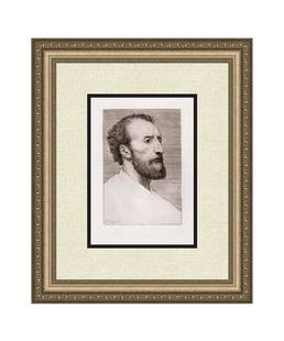 Alphonse Legros 1877 etching Portrait of Jules Dalou signed: Alphonse Legros. (French, 1837-1911). Portrait of Jules Dalou. Antique etching on thick laid paper. 1877. Signed in the plate, lower left. Excellent. Image Size 6 1/2 x 10 inches. Approximately 16 x 1