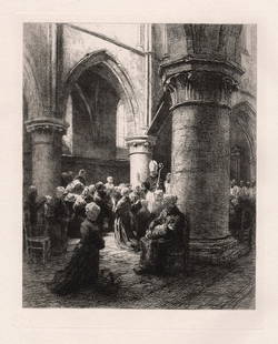 Leon Lhermitte An Episcopal Visit print signed: Leon Augustin Lhermitte. (French, 1844-1925). An Episcopal Visit. Original Etching on laid paper. 1881. Signed in the plate lower left. Excellent. Image Size 7 1/2 x 9 1/4 inches. Framed dimensions c.