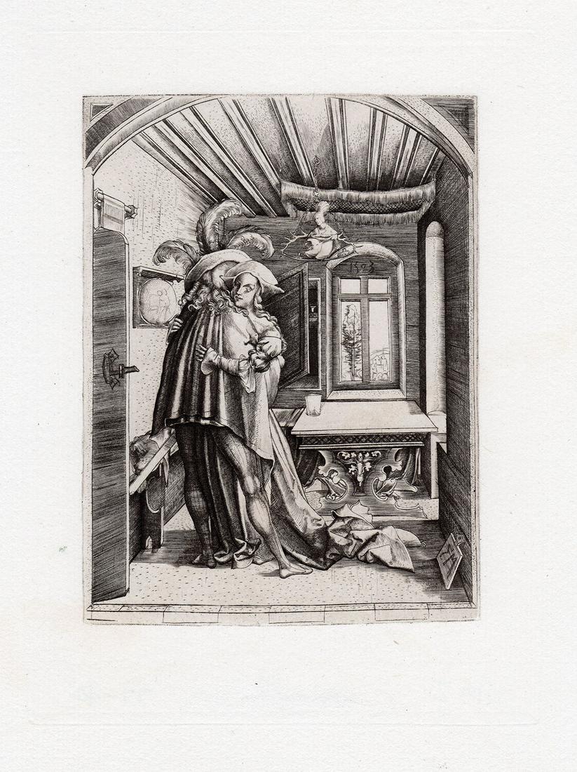 Master M.Z. The Embrace 1877 antique etching: Master M.Z. The Embrace. Antique hand pulled copper plate etching on laid paper after the original by master engraver Amand Durand (1831- 1905). 1877. Excellent. Image size 4 1/2 x 6 1/4 inches. Appro