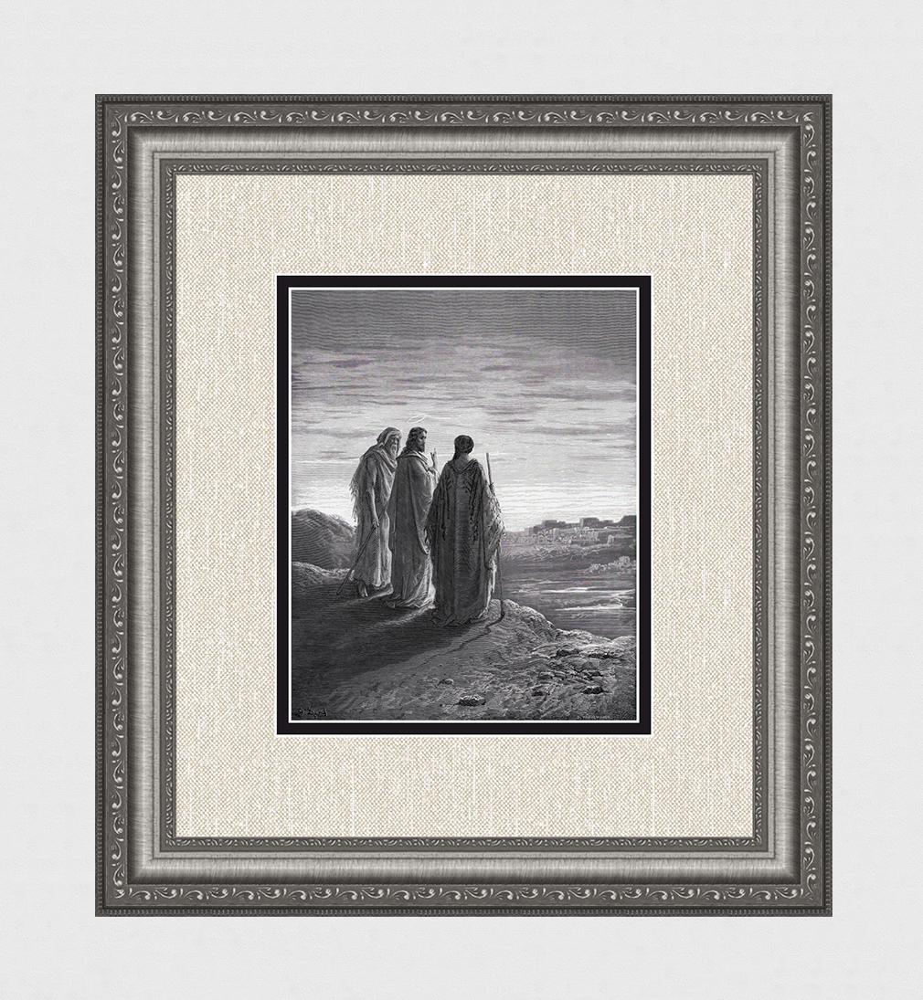 FRAMED Gustave DORE 1800s Woodcut The Road to Emmaus SIGNED: Gustave Dore(Paul Gustave Louis Christophe Dore) (French 1832-1883). Jesus and the Disciples going to Emmaus (from Dore's Bible). Antique woodcut wove paper after the original by a master wood engrave