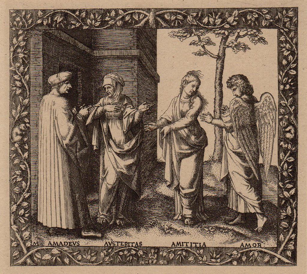 1876 Marcantonio Raimondi Amadeus Engraving DURAND Goring Unique: Marcantonio Raimondi (Italian, c. 1480-1527) (Raimondi was the premier engraver of Raphael's drawings). Amadeus Berruti with Austeritas, Amititia, and Amor (From Hermann Goring's private collection at