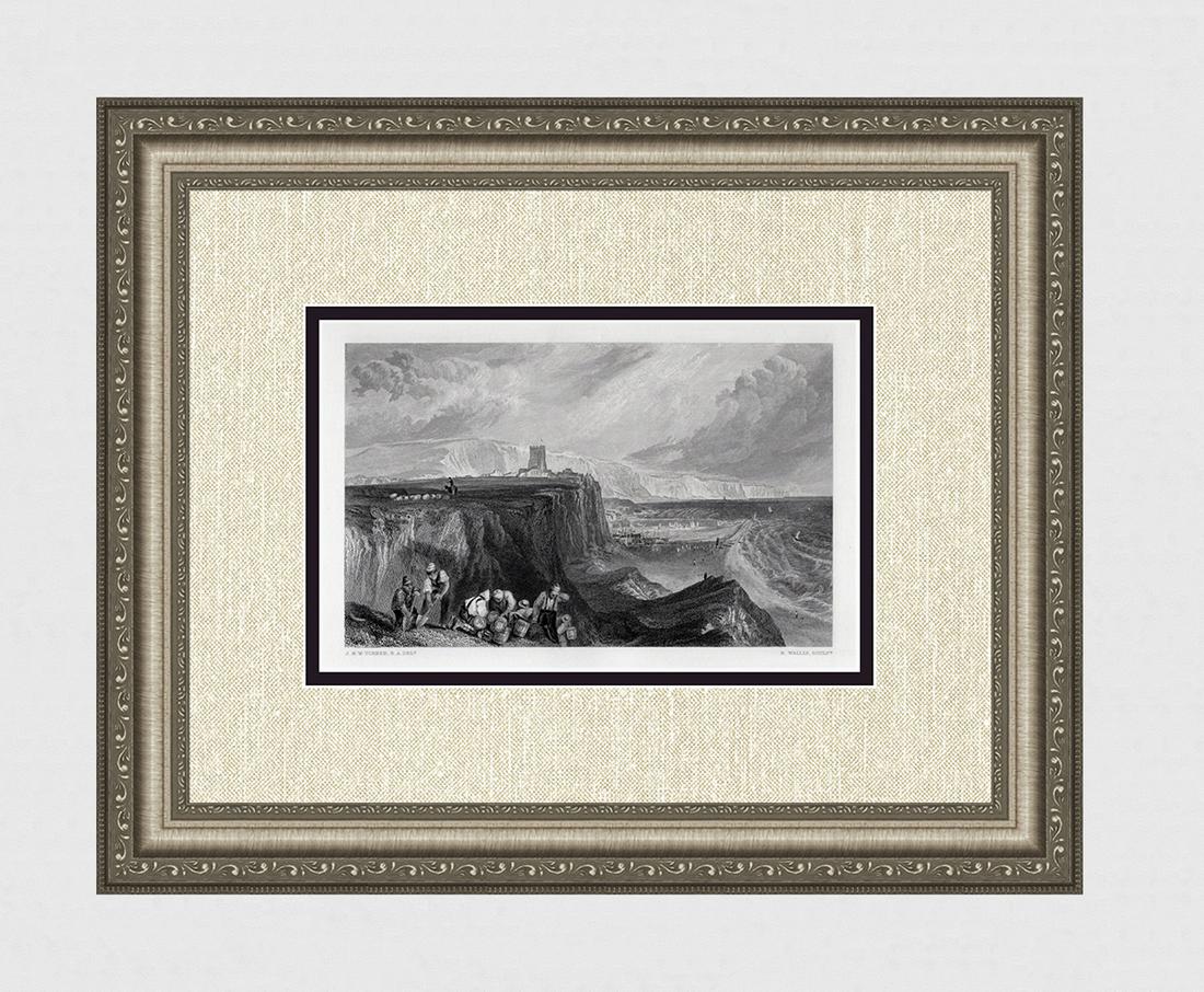 FRAMED William Turner 1800s Engraving Folkstone Smugglers SIGNED: Joseph Mallord William Turner (English, 1775-1851).Folkston,Kent. Antique engraving on wove paper after the original by master engraver Robert William Wallis (British, 1794-1878). Year: 1878. Signed i