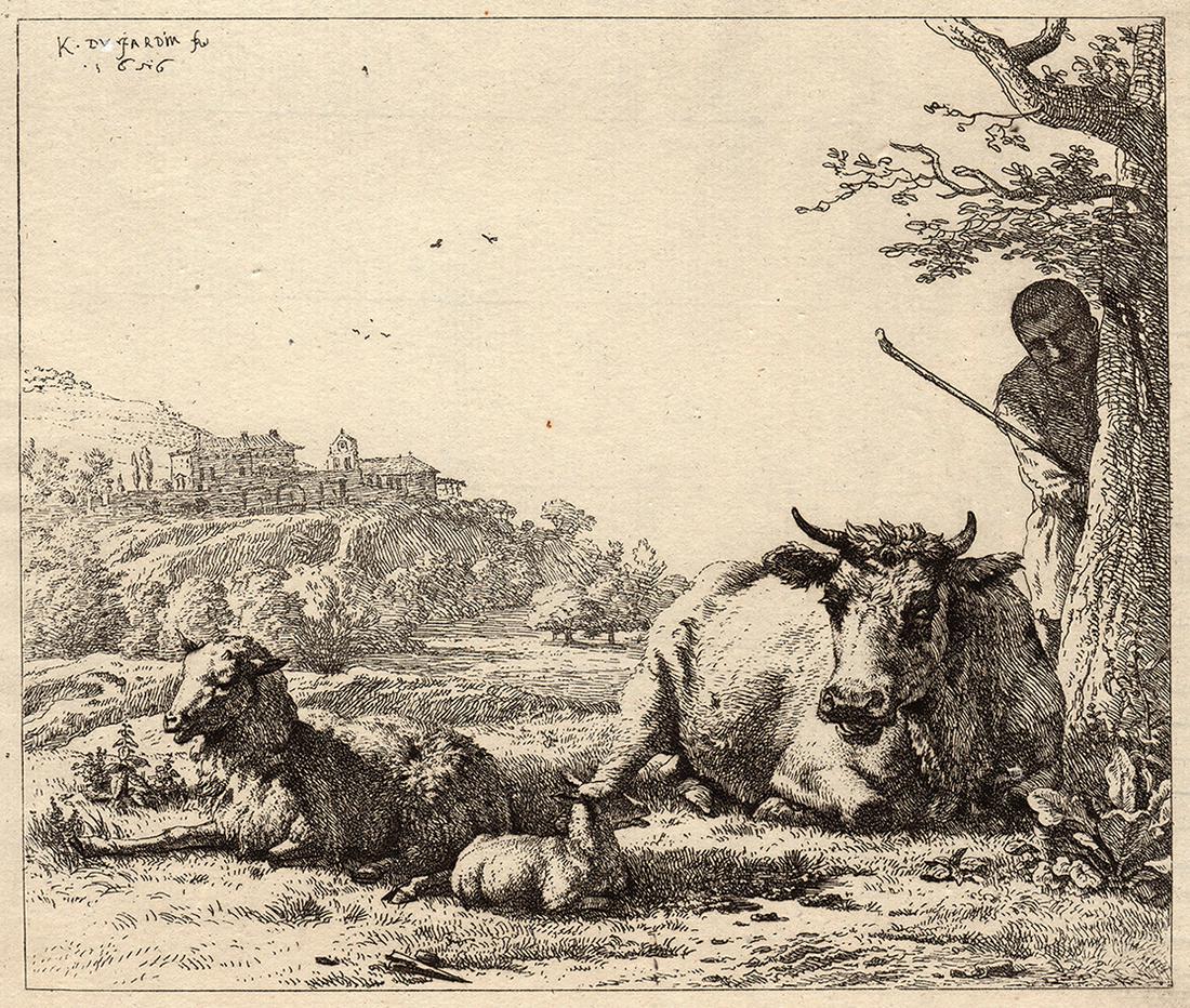 1876 Karel Dujardin Landscape Sheep Cow etching Durand Goring Unique: Karel Dujardin (Dutch, 1626-1678). "Landscape with Shepherd, Tree, and Lying Cow With Sheep," (From Hermann Goring's private collection at Bergfhof). Antique Copper plate etching on laid paper execute