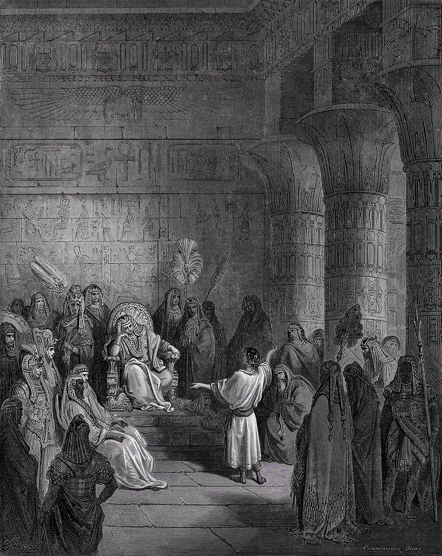 1800s GUSTAVE DORE' S BIBLE Woodcut The Dreams of Pharaoh SIGNED FRAMED: Gustave Dore (Paul Gustave Louis Christophe Dore) (French, 1832-1883). Joseph Interpreting the Pharaoh's Dream (from Dore's Bible). Antique woodcut wove paper after the original by a master wood engra