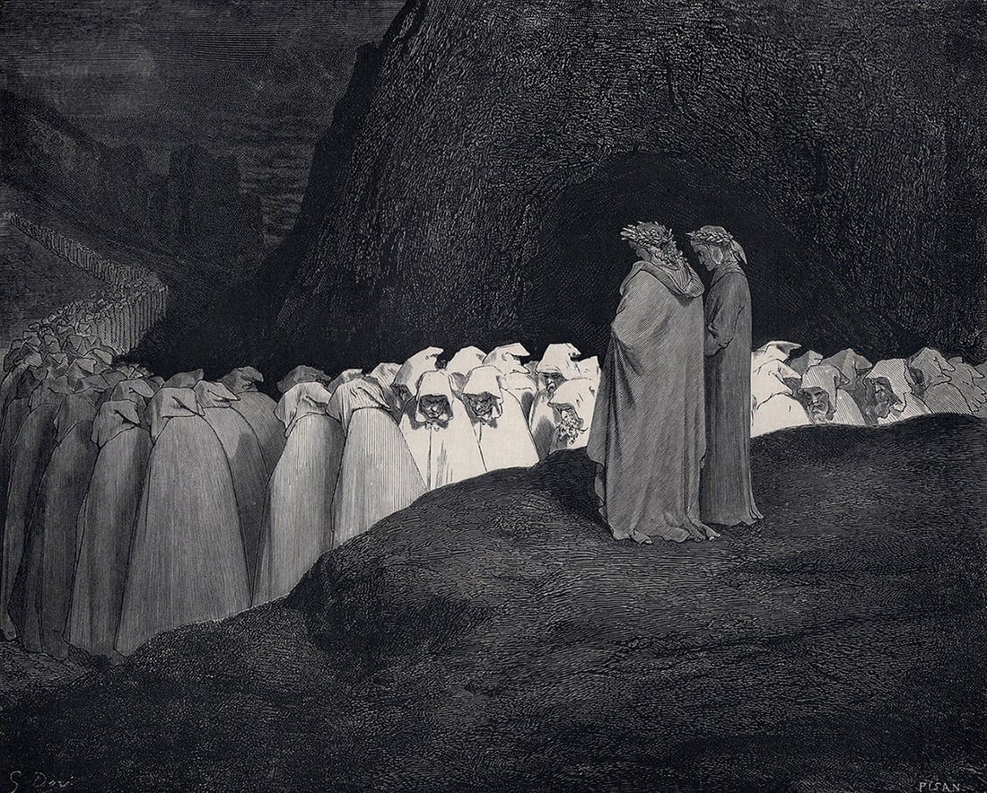 SIGNED 1800s Gustave DORE DIVINE COMEDY Woodcut Mourning Hypocrites FRAMED: Gustave Dore (Paul Gustave Louis Christophe Dore) (French, 1832-1883). Chant 23 College of the Mourning Hypocrites (from Divine Comedy, Enferno). Antique woodcut wove paper after the original by a mas
