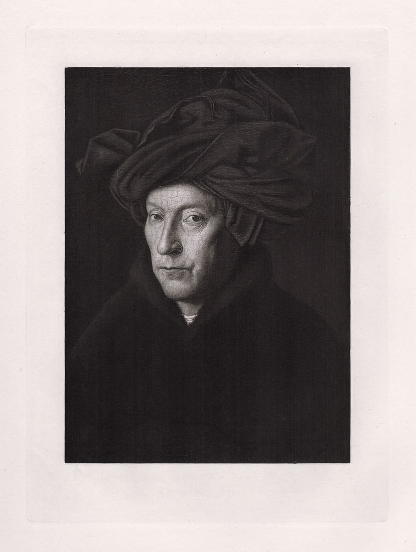 Jan van Eyck Portrait of a Man 1889 Print: Jan van Eyck. Portrait of a Man. Antique Heliogravure on wove paper after the 1433 original oil on oak by a Master Engraver. 1889. Image Size 7 1/4 x 10 inches. Framed dimensions: Approximately 16 x 1