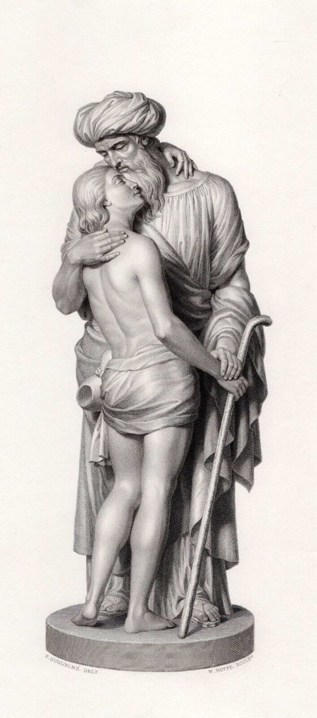 Joseph Mozier 1800s Antique Engraving The Prodigal Son Framed: Joseph Mozier (American, 1812-1870).The Prodigal Son. Antique engraving on wove paper after the original by master engraver William Callis Roffe (British, 1817-1902). Year: 1859. Signed in the plate.