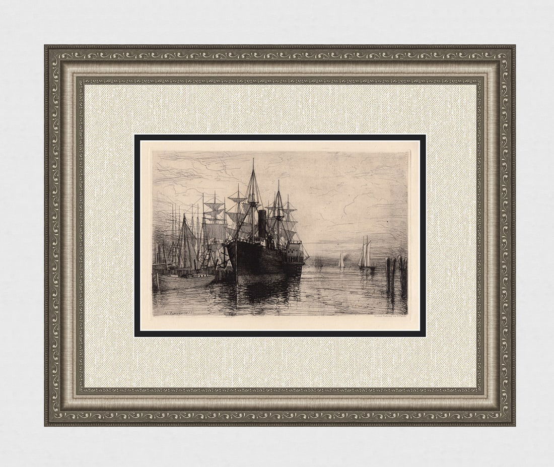 Henry Farrer Original 1800s Etching "New York Harbor Sunset" Framed Signed (1 of 3)