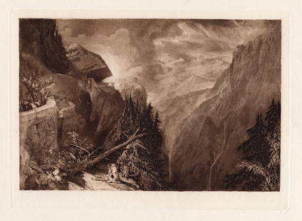 Joseph Mallord William Turner Val D'Aosta 1885 engraving: Joseph Mallord William Turner. (English, 1775-1851). Val D'Aosta. Mezzotint Engraving on Wove Paper after the Original pencil sketch by Master Engraver Alfred Dawson (British, 1860-1893). 1885. Excell