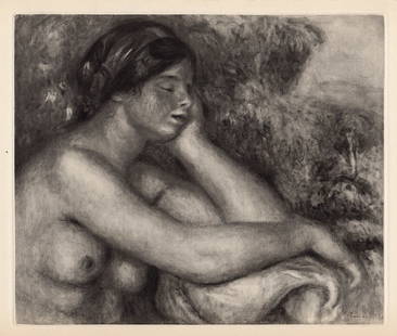 Pierre RENOIR LIMITED 1919 Engraving "Daydreaming" SIGNED Framed: Pierre Auguste Renoir (1841 - 1919). The Sleep (Le Sommeil). Antique copper plate heliogravure engraving on beau paper teinte hand pulled by Emile Fequet in Paris on December 15, 1919. Signed/dated in