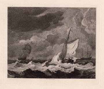 1876 Willem van de Velde the Younger A Gale at Sea (A Small Dutch Vessel close-hauled in a Strong: Willem van de Velde the Younger. (Dutch, 1633 - 1707). A Gale at Sea (A Small Dutch Vessel close-hauled in a Strong Breeze). Antique etching on thick laid paper after the original oil on canvas by mas