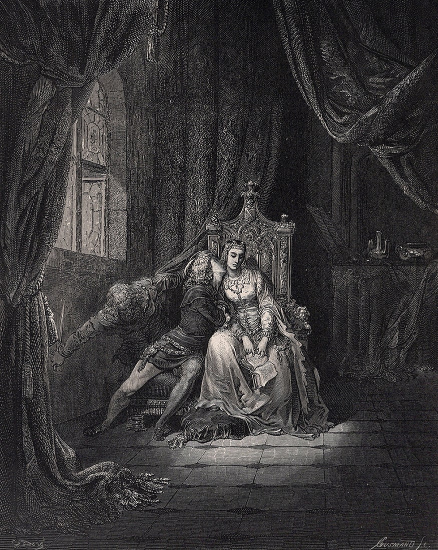 Gustave Dore Paolo and Francesca (Dante's Divine Comedy Enferno) c. 1880 Woodcut: Gustave Dore (Paul Gustave Louis Christophe Dore) (French, 1832-1883). Chant 5 Paolo and Francesca - We read no more. (Dante's Divine Comedy Enferno). Antique woodcut wove paper after the original by
