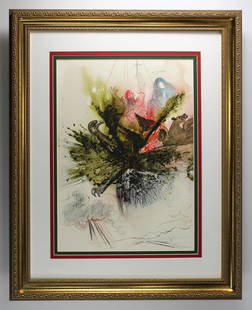 Salvador Dali Original Vision of Four 1967 Framed Lithograph: Salvador Dali. "Et vidi et ecce ventus turbinis veniebat ab aquilone, et nubes magna, et ignis involvens, et splendor in circuitu eius.et in medio similitudo quattuor animalium (And I looked, and, beh