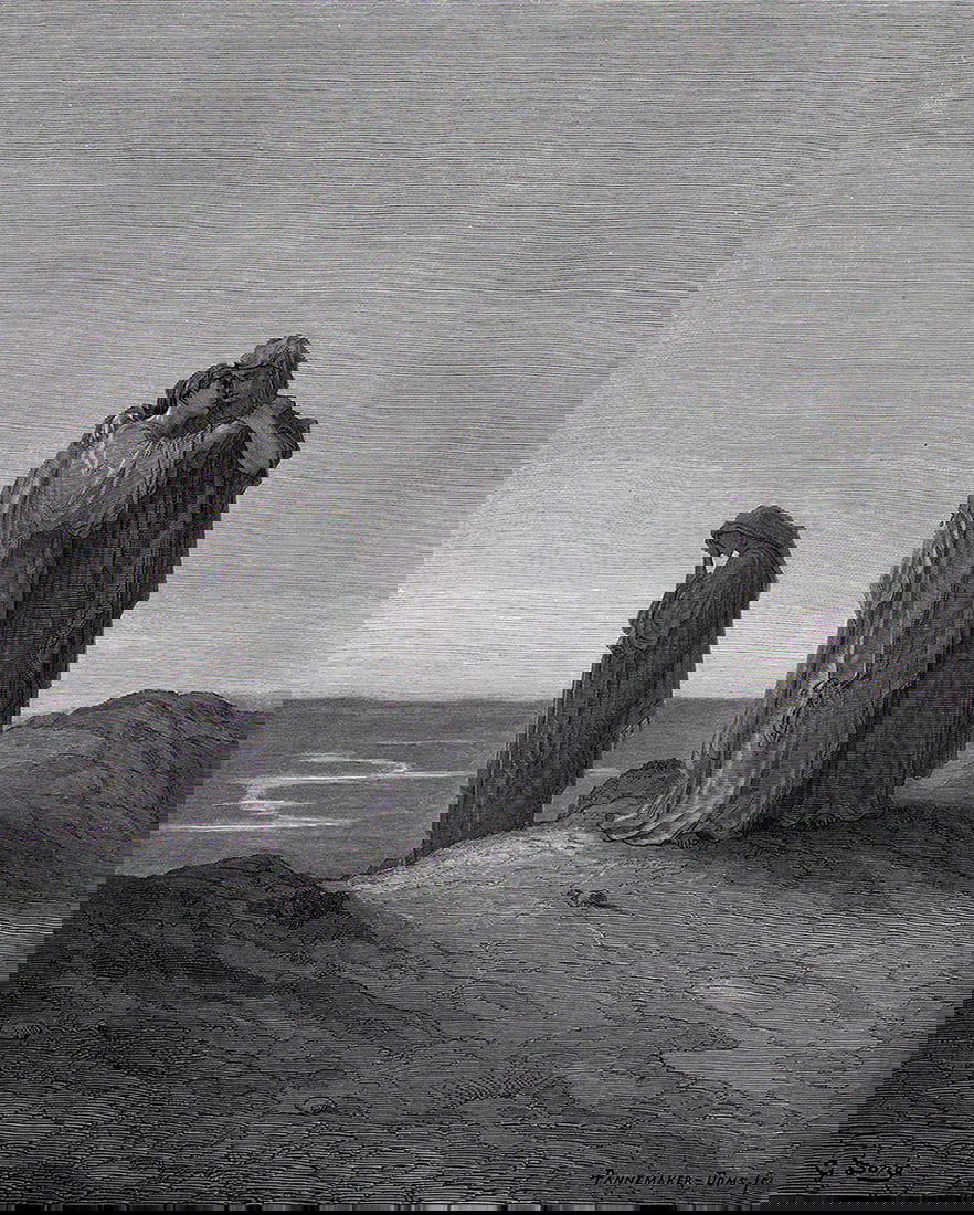 1800s GUSTAVE DORE Woodcut Ruth's Loyalty to Naomi Signed Framed: Gustave Dore (Paul Gustave Louis Christophe Dore) (French, 1832-1883). Naomi and her Daughters in Law (From Dore's Bible). Antique woodcut wove paper after the original by a master wood engravers. Ado