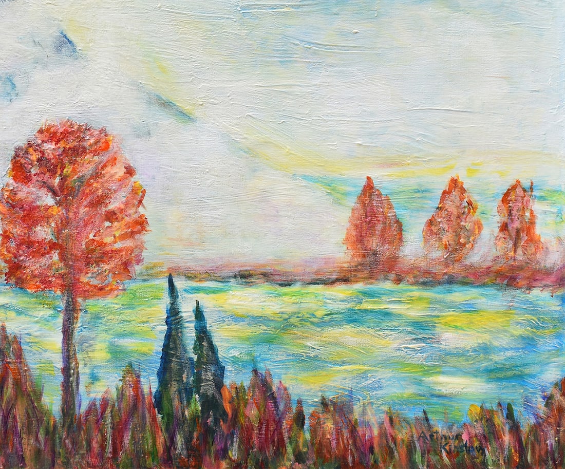 Arthur Kinslow Original Painting Mountain Mist 30 x 40 inches: Arthur Kinslow ( American, 1955 - ). Mountain Mist. Original Acrylic on Canvas. Signed by the artist lower right. Canvas Size 30 x 40 inches. Arthur Kinslow has been involved in art his entire life an