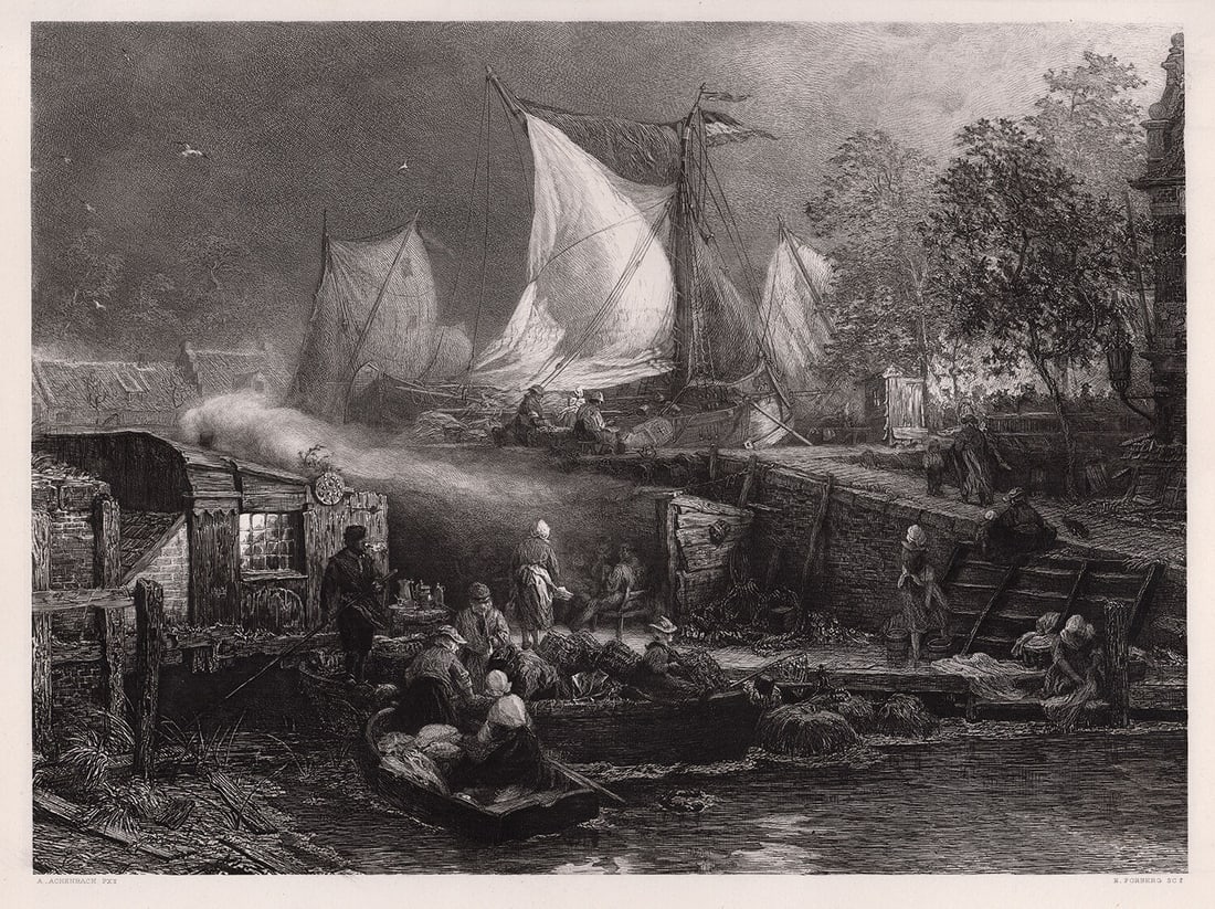 Andreas Achenbach 1800's Etching The Jews Quarter in Amsterdam Signed (1 of 2)