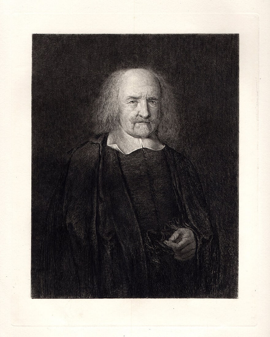 John Masey Wright Thomas Hobbes 1884 etching: John Masey Wright. Thomas Hobbes. Antique Hand Pulled copper plate etching on wove paper after the original by master etcher Charles Charles Oliver Murray (Scottish, 1842-1923). 1884. Excellent. Image