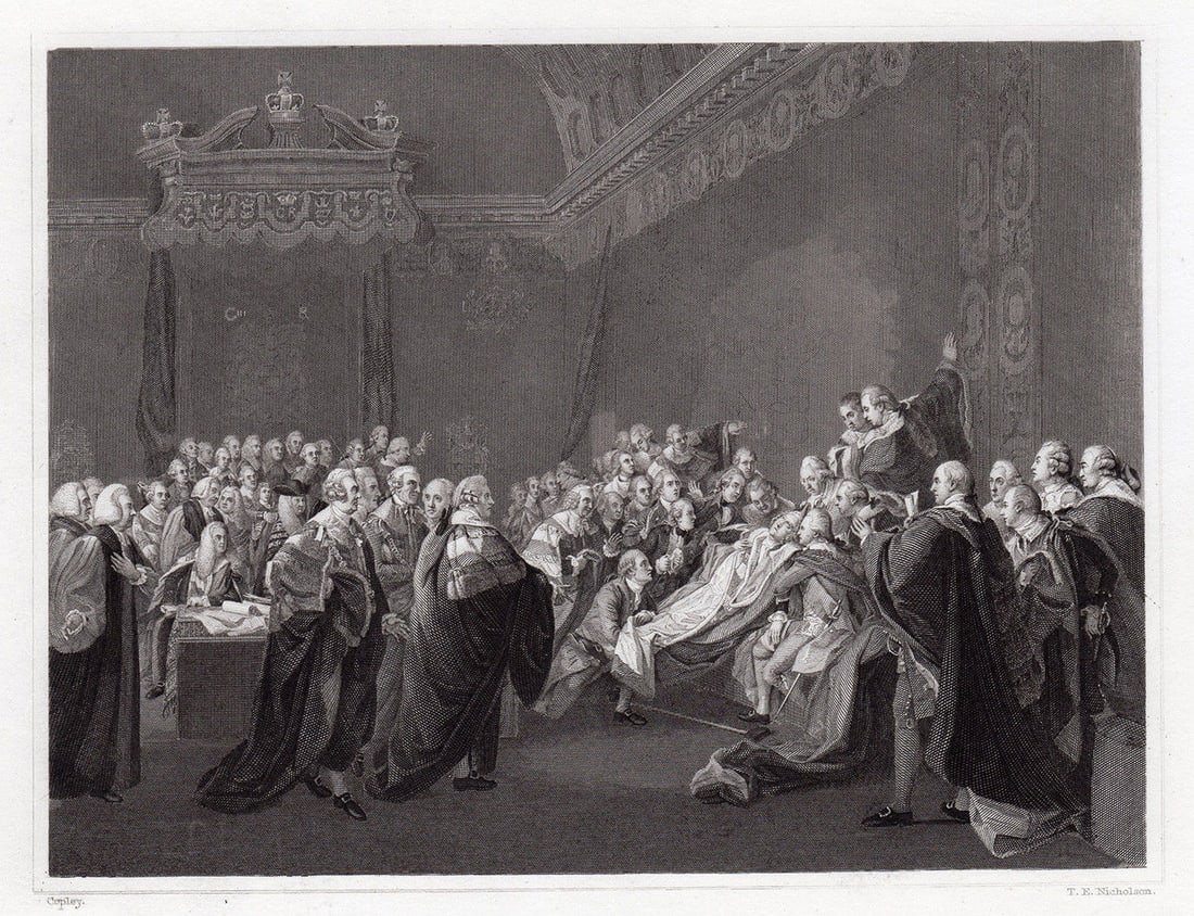 John Singleton Copley 1834 engraving The Death of the Earl of Chatham signed: John Singleton Copley. (Anglo-American, 1738 - 1815). The Death of the Earl of Chatham. Antique steel engraving on wove paper after the original oil on canvas by Master Engraver William Henry Worthing