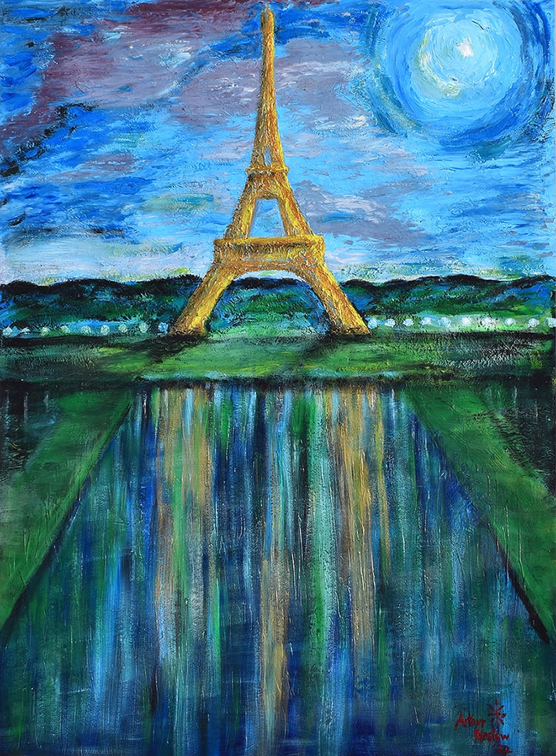 Monumental Arthur Kinslow Original Painting Eiffel Tower 52 x 57 inches: Arthur Kinslow ( American, 1955 - ). Eiffel Tower. Original Acrylic on Canvas. Signed by the artist lower right. Canvas Size 52 5/8 x 57 3/8 inches. Arthur Kinslow has been involved in art his entire