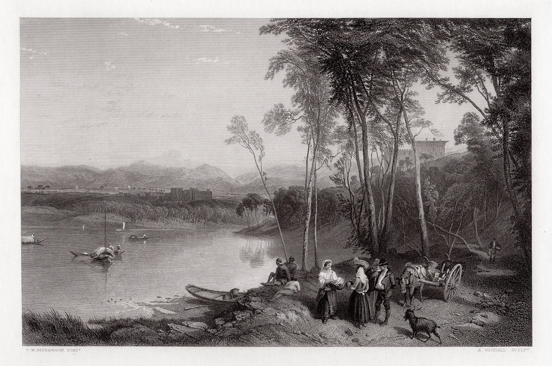 Thomas Miles Richardson Junior Evening in Italy engraving signed: Thomas Miles Richardson Junior. (1813-90). Evening in Italy. Antique engraving on wove paper after the original watercolor painting by master etcher Edward Goodall (English, 1795 - 1870). 1857. Signed