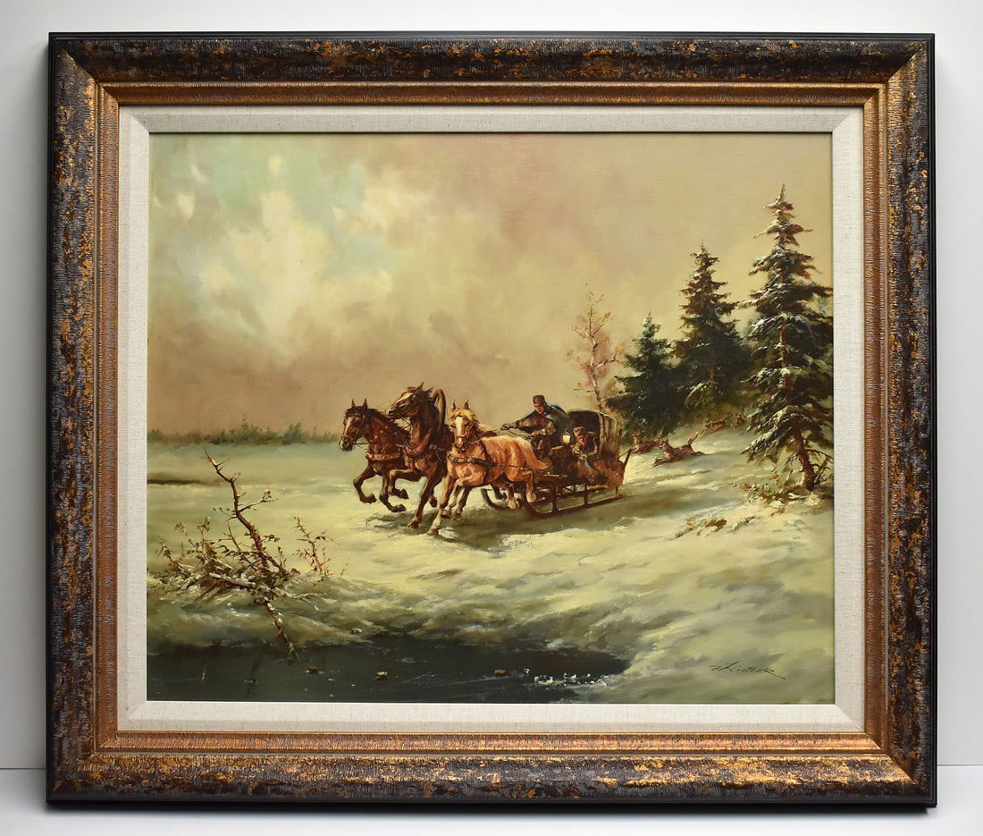 Vintage European Winter Oil Painting Signed 20 x 24 (1 of 6)