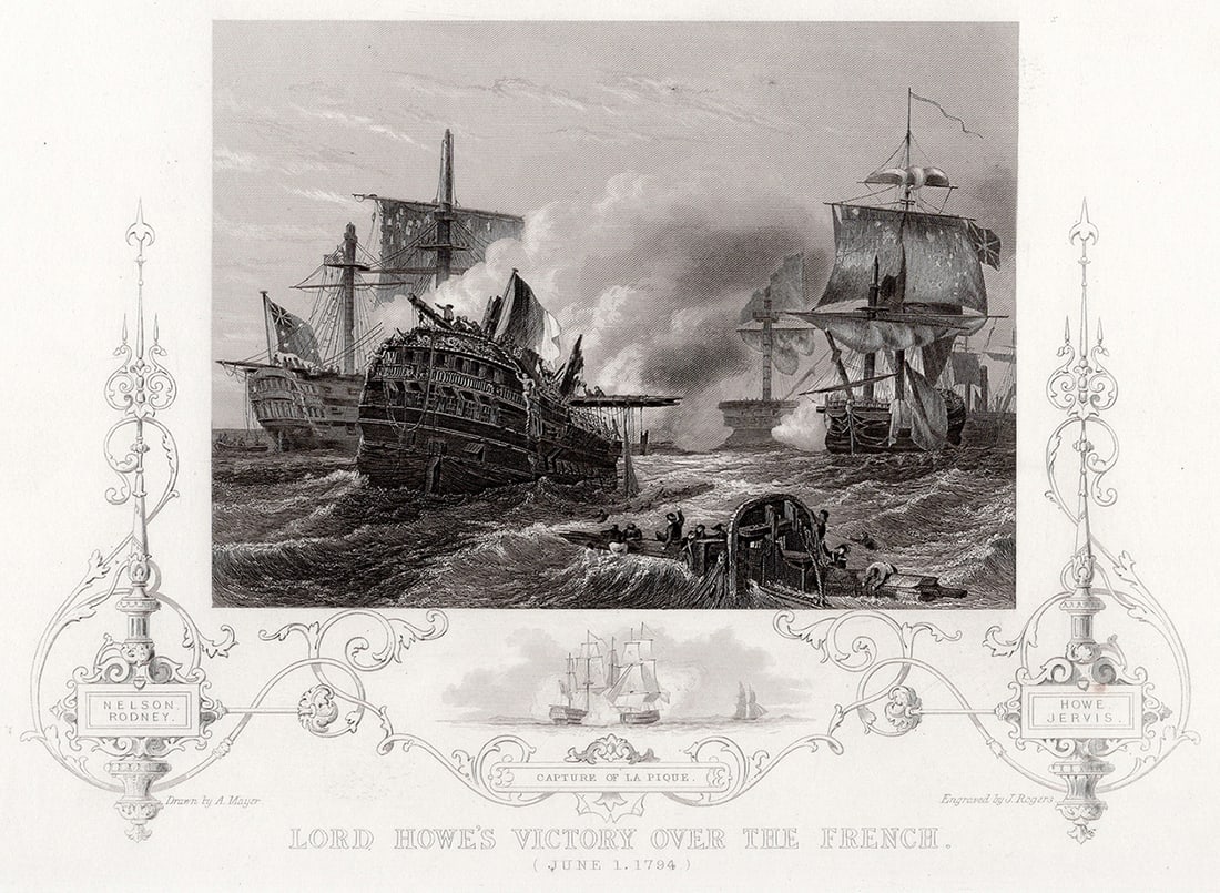 1800s Arminius MAYER SIGNED Antique Engraving Glorious First of June FRAMED (1 of 3)