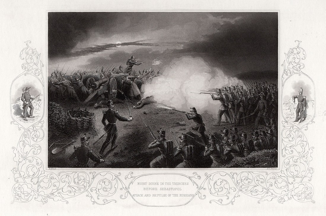 ROBERT HIND 1800s Engraving The Siege of Sevastopol SIGNED Framed: Robert Neal Hind (British, 1817–1879). Night Scene in the Trenches Before Sebastopol Attack and Repulse of the Russians. Antique engraving on wove paper after the original master engraver Daniel Joh