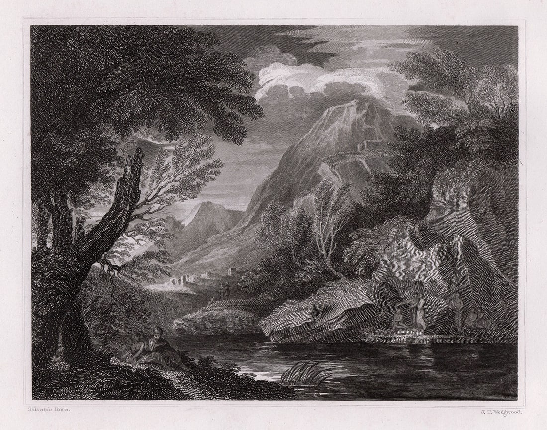 1834 Salvator Rosa Landscape engraving signed: Salvator Rosa. (Italian, 1615-1673). Landscape. Antique steel engraving on wove paper after the original by master engraver John Taylor Wedgewood (English, Christened, 1782-1856). 1834. Signed in the