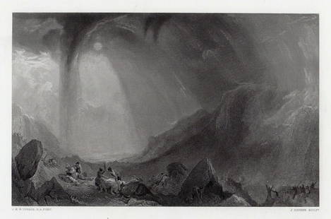 Joseph Mallord William Turner 1863 Engraving Signed: Joseph Mallord William Turner. Snow Storm: Hannibal and his Army Crossing the Alps. Antique engraving on wove paper after the original oil paint on canvas by master engraver John Cousen (Bradford 1804